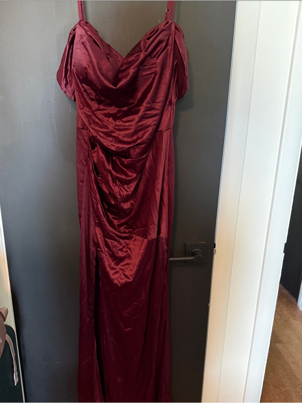 NWT Burgundy Satin Ruched Off the Shoulder Dress